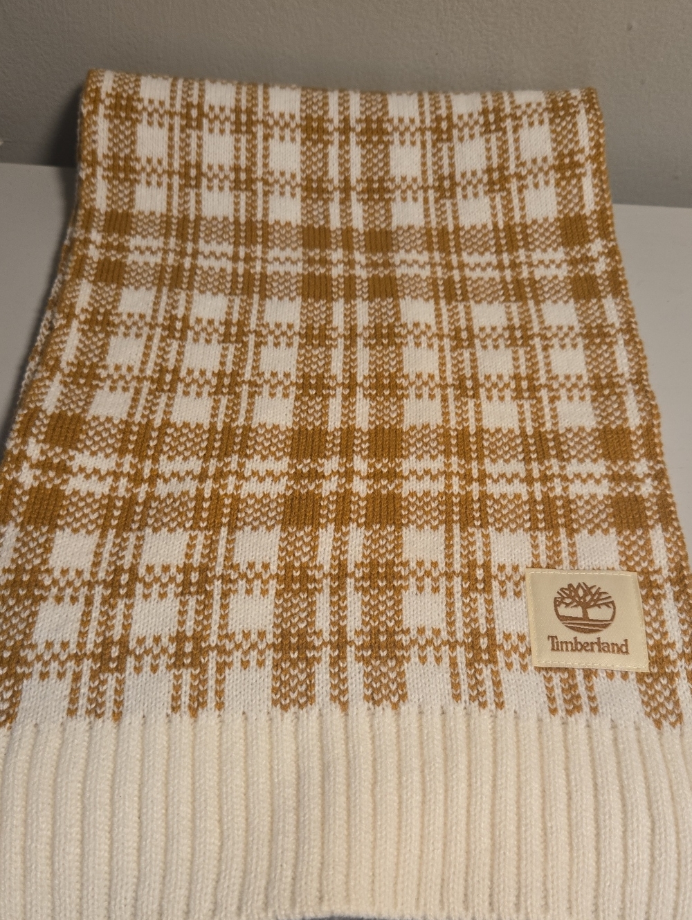 Timberland White and Mustard Plaid Knit Scarf